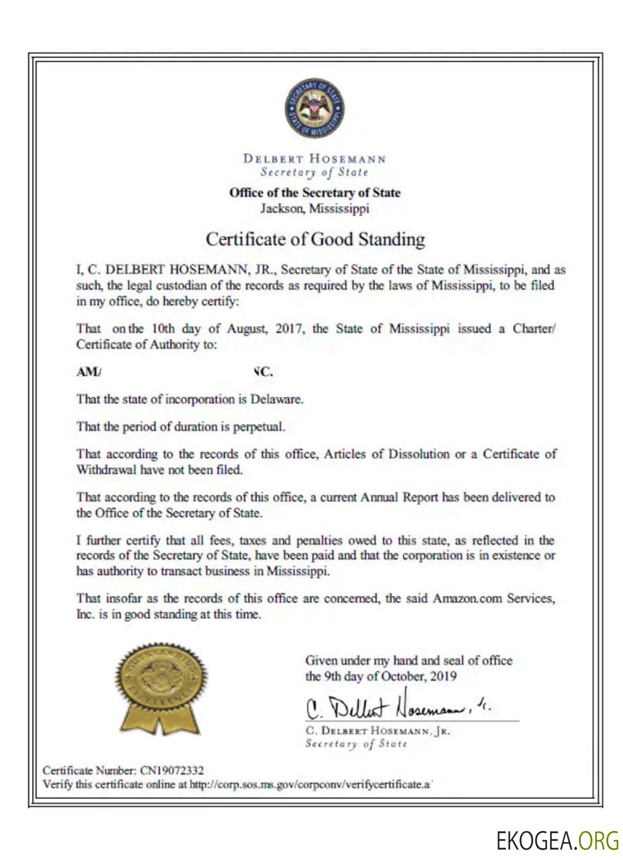 Certificat de bonne réputation du Mississippi aux États Unis